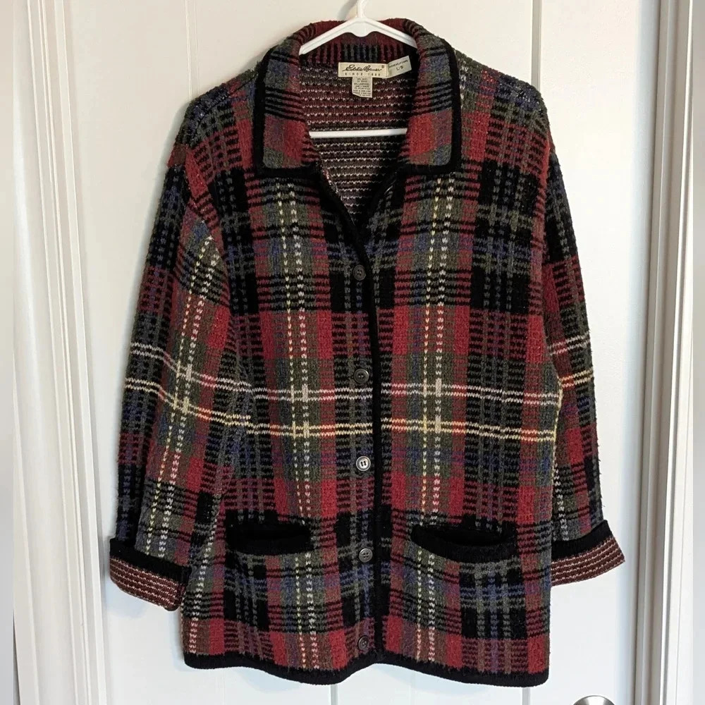 90s Eddie Bauer Lambswool Plaid Holiday Sweater Coat sz L